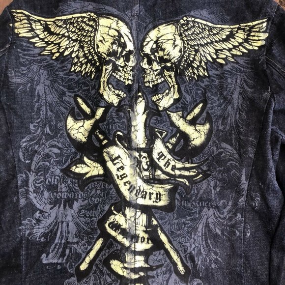 Gear Seven Collection Skull Embroidery Jean Jacket Size M Mens Blue Denim Coat - Picture 6 of 7